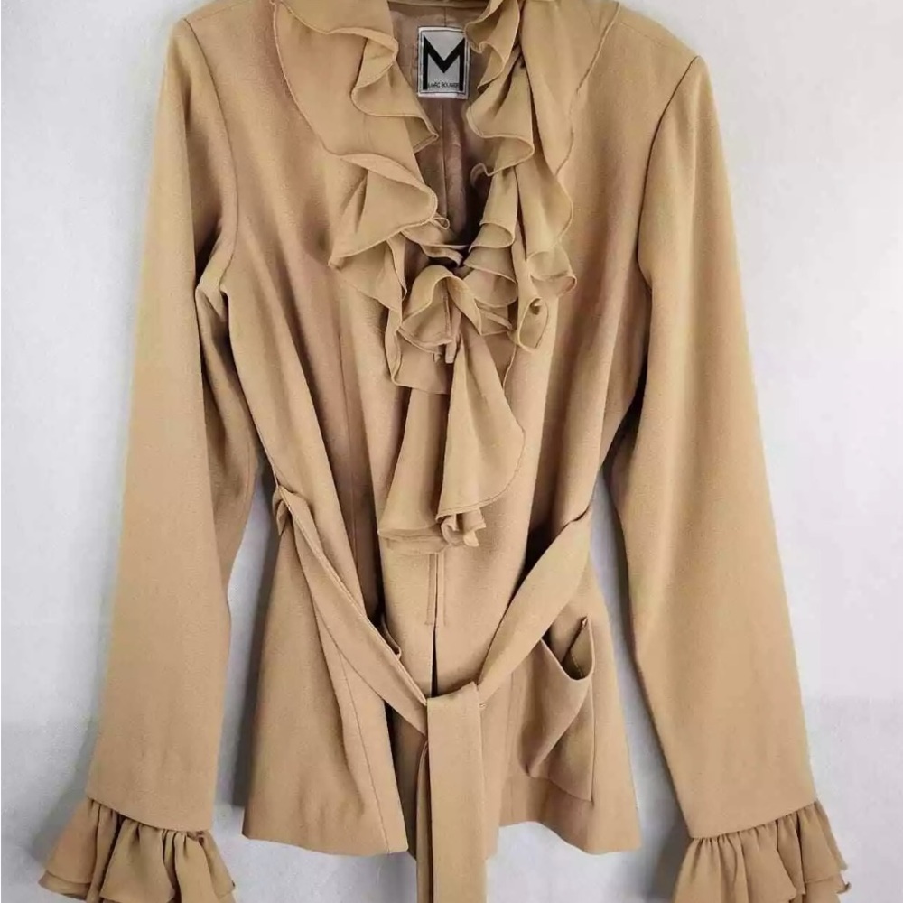 Women’s Marc Bouwer Tan Sheer Detachable Ruffle Long Sleeve Jacket Size Medium
